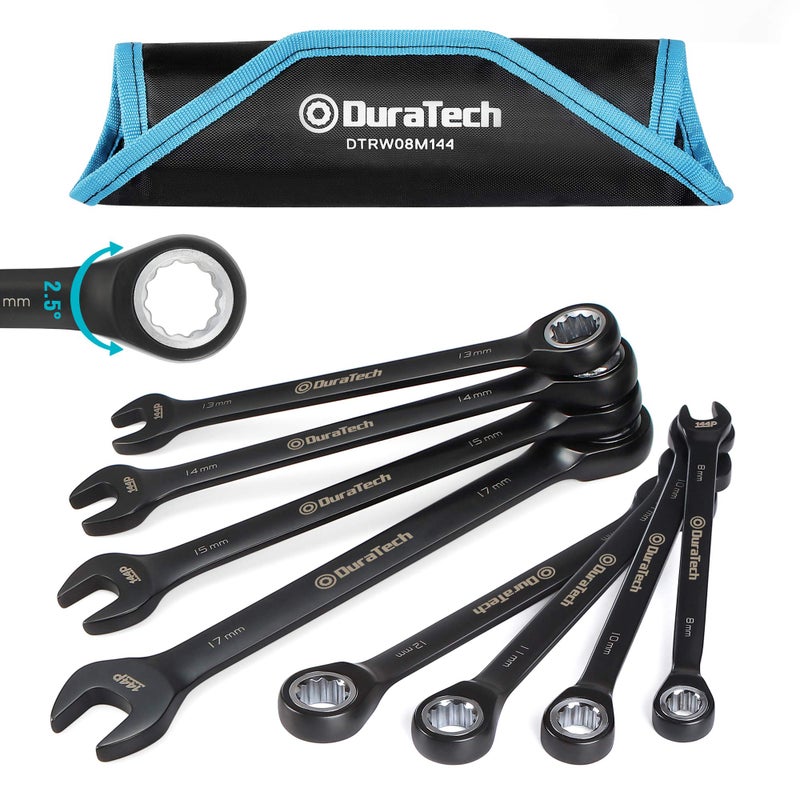 DURATECH Ratcheting Combination Wrench Set, 144-P, Double-Stacked Pawls, 8 Piece, Metric, 8, 10, 11, 12, 13, 14, 15, 17mm, CR-V Steel, Black Chrome Plated, with Organizer Pouch - Image 1